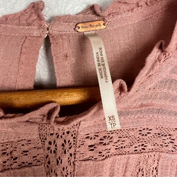 Free People Peony Olivia Eyelet Lace Blouse in Dusty Rose Pink with Long Sleeves - Picture 7 of 10